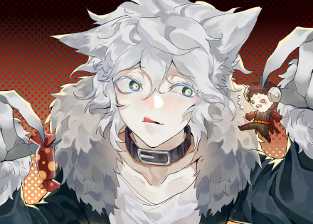 Anime Danganronpa 2K Quad HD PC desktop wallpaper: white-haired, wolf-eared character with teal eyes and a collar, fur-trimmed coat, clutching a small doll against a red dotted background.
