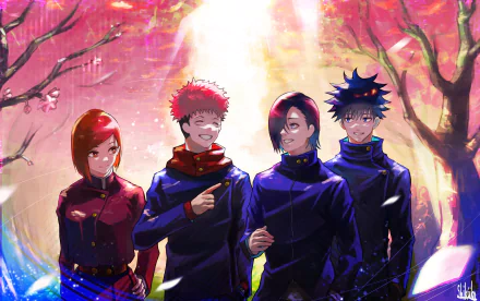 Junpei Yoshino blue eyes blue hair brown eyes brown hair Nobara Kugisaki black hair Megumi Fushiguro school uniform pink hair Yuji Itadori Anime Jujutsu Kaisen HD Desktop Wallpaper | Background Image