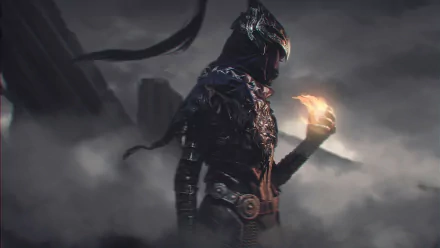 Dark Souls video game HD PC desktop wallpaper/background: lone armored knight with a glowing hand stands in misty, ruined landscape.