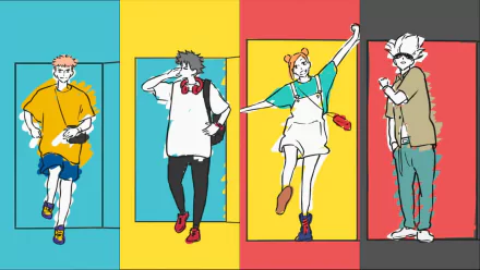 HD desktop wallpaper featuring characters Yuji Itadori, Megumi Fushiguro, Nobara Kugisaki, and Satoru Gojo from the anime Jujutsu Kaisen, in vibrant colored backgrounds.