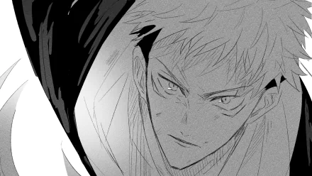 HD PC desktop wallpaper: black-and-white anime close-up of Yuji Itadori from Jujutsu Kaisen, intense gaze with dynamic shading and high-contrast detail.