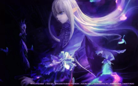 Anime wallpaper featuring a character with pointed ears, white hair, and blue eyes, surrounded by vibrant colors and mystical elements, creating an enchanting atmosphere.