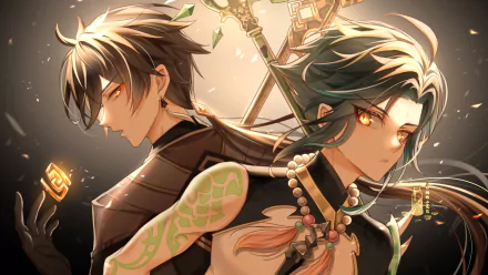 HD PC desktop wallpaper featuring Zhongli and Xiao from the video game Genshin Impact, showcasing their detailed designs and dynamic poses.