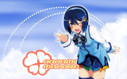 HD PC desktop wallpaper: anime Os-tan — blue-haired girl in a school-style outfit waving against a cloudy sky with a stylized logo.