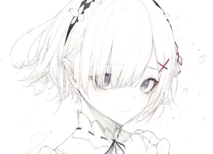 HD PC desktop wallpaper of Rem from the anime Re:Zero - Starting Life in Another World, featuring a soft, detailed sketch-style portrait with delicate shading.