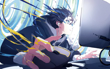 HD desktop wallpaper of an anime boy with blue hair and blue eyes, intensively typing on a keyboard with vibrant energy trails surrounding him.