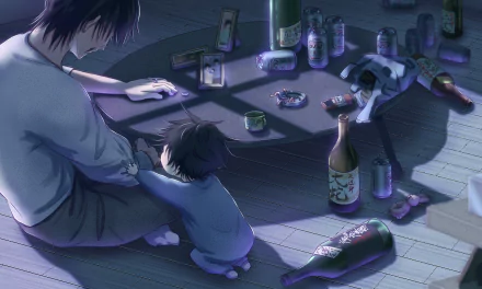 HD anime wallpaper featuring black-haired Megumi Fushiguro and Toji Fushiguro from Jujutsu Kaisen, depicted in a dimly lit room with scattered bottles and cards.