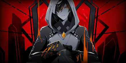 A HD desktop wallpaper featuring Zhongli from the video game Genshin Impact, set against a dramatic red and black background.