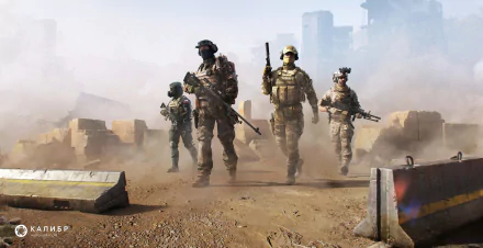 HD desktop wallpaper featuring a squad of soldiers in military gear moving through a dusty, urban environment.