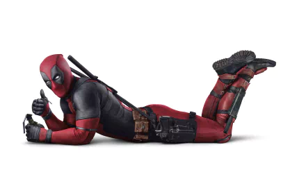 HD desktop wallpaper featuring Deadpool in a reclining pose, giving a thumbs-up against a clean, white background.