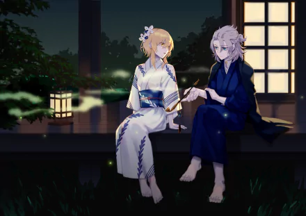 Lumine and Albedo from Genshin Impact wear traditional kimonos, sitting together on a veranda at night in this HD PC desktop wallpaper.