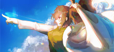 Carmen (Lobotomy Corporation), anime-style, reaching with outstretched arm as a cloak billows against a bright blue sky — 2K Quad HD PC desktop wallpaper/background.
