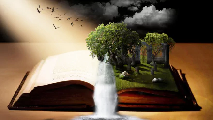 HD wallpaper featuring an open book with a whimsical nature scene including a tree, waterfall, and ancient ruins, symbolizing imagination and storytelling.