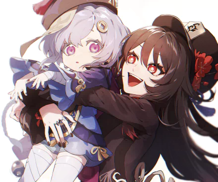 HD PC desktop wallpaper featuring Genshin Impact characters Hu Tao and Qiqi in vibrant, detailed anime-style art from the video game.