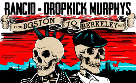 Dropkick Murphys and Rancid tour themed HD desktop wallpaper with punk skulls, red and black color scheme, and From Boston to Berkeley Tour text.
