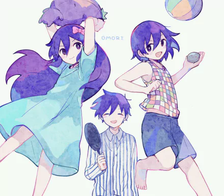 HD PC wallpaper featuring long-haired Aubrey, Hero, and Kel from the video game OMORI in colorful pajamas, capturing their playful and vibrant personalities.