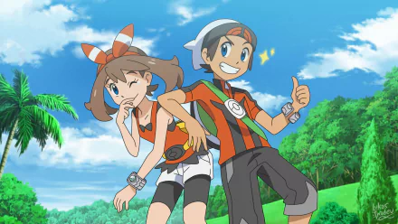 blue eyes Pokemon hat brown hair smile Pokémon: Omega Ruby and Alpha Sapphire Brendan (Pokemon) May (Pokémon) video game HD Desktop Wallpaper | Background Image