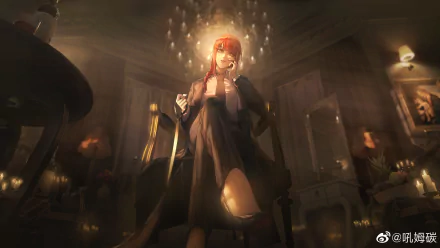 HD desktop wallpaper featuring Makima from the anime Chainsaw Man. The ethereal scene shows her sitting in a dimly lit room, illuminated by a chandelier overhead, exuding a mysterious aura.