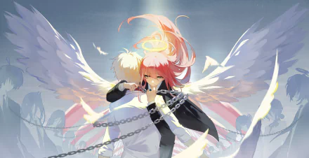 An HD desktop wallpaper featuring anime characters from Chainsaw Man, including Angel Devil, Reze, Power, Makima, Aki Hayakawa, and Denji, with dramatic wings and a captivating background.