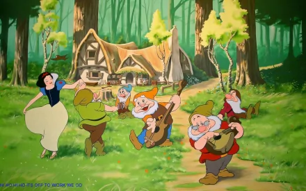Cartoon HD desktop wallpaper featuring Snow White joyfully dancing with the Seven Dwarves in front of their cottage from the movie Snow White and the Seven Dwarfs.