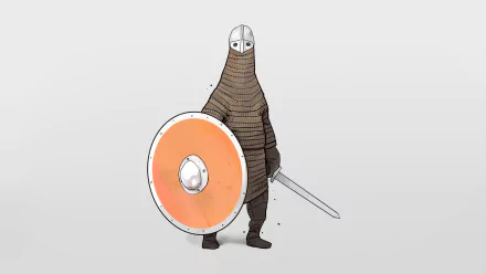 HD wallpaper of a Bad North game character, a cartoonish medieval warrior with a shield and sword, against a plain background.