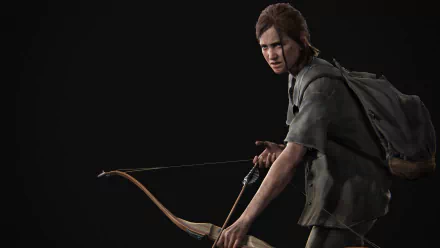 HD PC desktop wallpaper featuring a detailed character from the video game The Last of Us Part II, holding a bow and ready for action against a dark background.