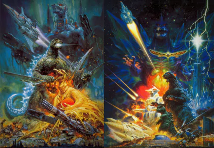 HD PC desktop wallpaper featuring epic scenes from the Godzilla movie, showcasing Mechagodzilla and Godzilla in an intense, fiery battle.