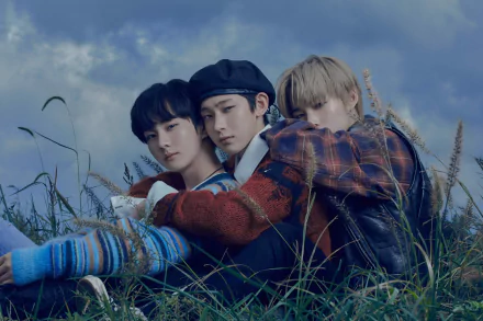 A captivating HD wallpaper featuring members of ENHYPEN sitting together in a grassy field, set against a dramatic sky, capturing a moment of camaraderie and artistry in music.