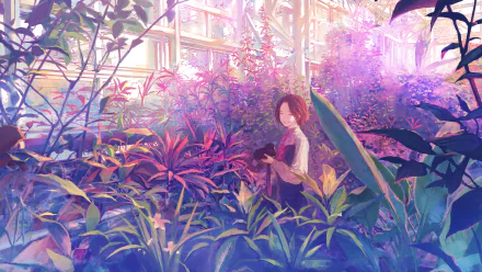 Anime girl with short brown hair holding a camera, sitting amid vibrant purple and green foliage in a sunlit greenhouse — 4K Ultra HD PC desktop wallpaper.