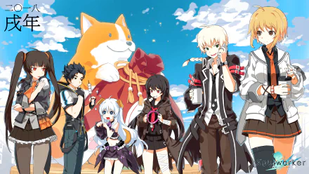 SoulWorker HD desktop wallpaper featuring anime characters and oversized Shiba Inu under a blue sky.
