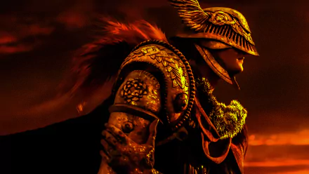 Malenia, Blade of Miquella from the video game Elden Ring, in ornate golden armor and red cloak against a fiery sky — 4K Ultra HD PC desktop wallpaper background.