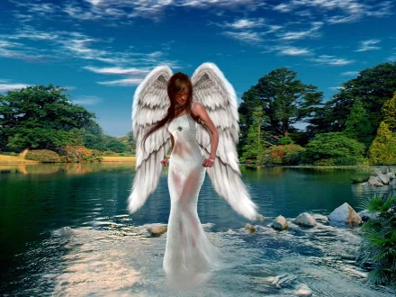 HD fantasy desktop wallpaper featuring an angel with white wings standing by a serene lake, surrounded by lush greenery and a bright, blue sky.