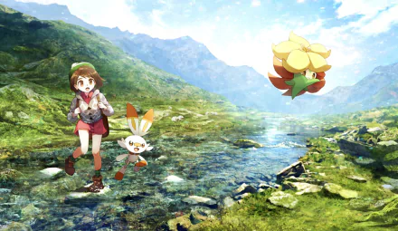 HD PC desktop wallpaper featuring Gloria from Pokémon: Sword and Shield with Scorbunny and Gossifleur in a lush, mountainous landscape.