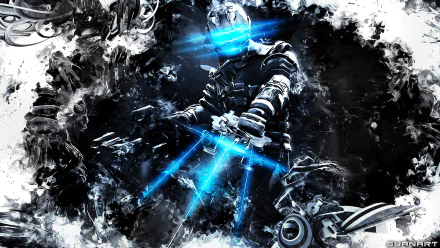 HD PC desktop wallpaper featuring Isaac Clarke from the video game Dead Space, showcasing his armored suit with glowing blue helmet lights in a dark, sci-fi environment.