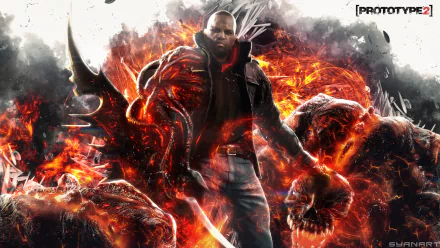 HD desktop wallpaper featuring a character from the Prototype (Video Game) series, specifically Prototype 2, in a fiery and intense background.