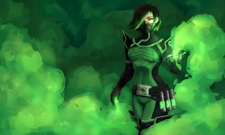 Viper from Valorant stands amid swirling toxic green gas, hand glowing with venom — HD PC desktop wallpaper/background inspired by the Valorant video game.
