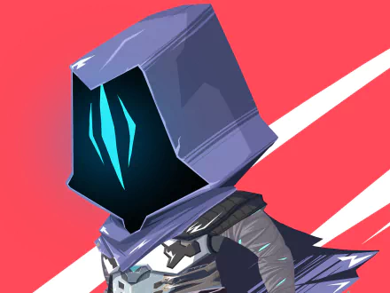 Stylized Omen (Valorant) in a purple hood with glowing cyan eyes on a red background — HD PC desktop wallpaper/background, video game art.