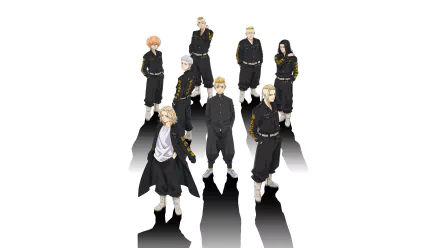HD desktop wallpaper featuring Haruki Hayashida, Chifuyu Matsuno, Keisuke Baji, Ken Ryuguji, and Mikey Manjiro Sano from the anime Tokyo Revengers in black uniforms standing confidently.