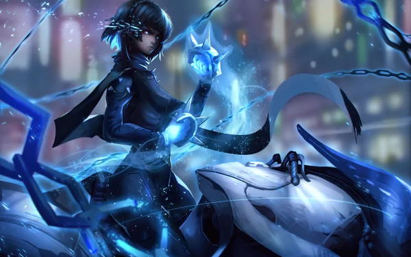 Makoto Niijima from Persona 5 depicted in a dynamic pose with glowing blue energy, rendered in 4K Ultra HD for PC desktop wallpaper.