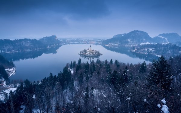 Religious Assumption of Mary Church Churches Fog Lake Island Slovenia Lake Bled Winter HD Wallpaper | Background Image