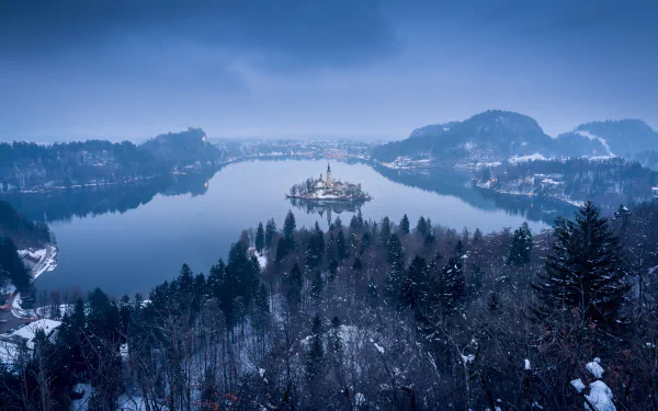winter lake bled Slovenia island lake fog religious Assumption of Mary Church HD Desktop Wallpaper | Background Image