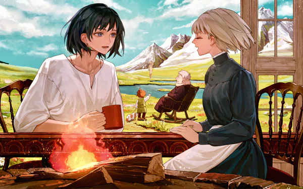 Howl Jenkins Pendragon and Sophie Hatter from Howl's Moving Castle share tea by a hearth on a sunlit veranda overlooking rolling hills and mountains — anime 2K Quad HD desktop wallpaper.