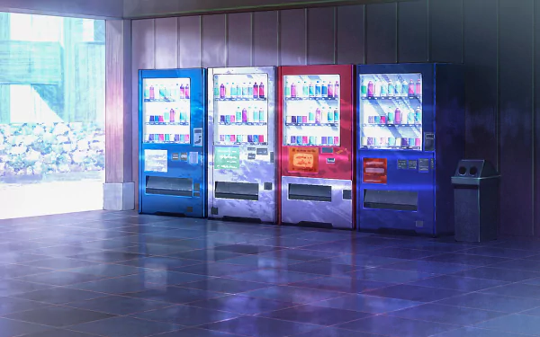 HD anime wallpaper featuring a serene indoor scenery with three vending machines from Jujutsu Kaisen. The machines are lined up against a wall, emitting a vibrant, colorful glow in a dimly lit setting.