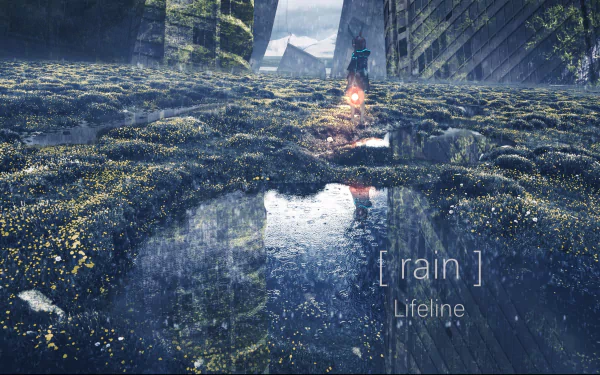 HD PC desktop wallpaper of Amiya from Arknights, featuring a serene water scene with reflective puddles under a cloudy sky.