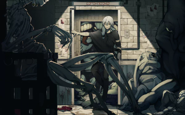 HD wallpaper featuring Mahito from the anime Jujutsu Kaisen, showcasing his blue hair and a dark, eerie environment with ominous figures in the background.