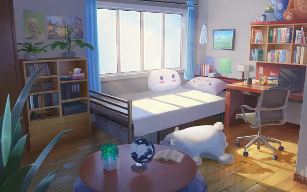 A cozy anime-style room featuring a bed, desk, bookshelves, and soft natural light, rendered in detailed 4K Ultra HD with a calming lofi atmosphere.