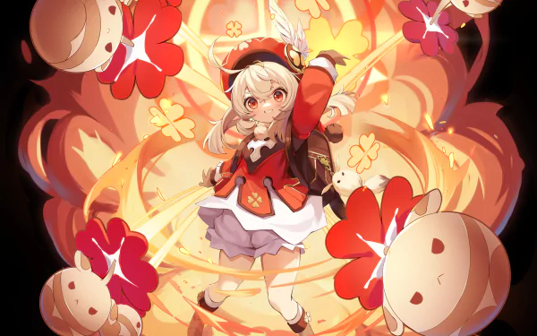 HD PC desktop wallpaper featuring Klee from the video game Genshin Impact surrounded by glowing, whimsical shapes and her signature Explosive Puppets.