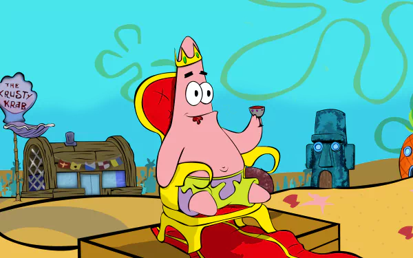 4K Ultra HD desktop wallpaper featuring Patrick Star from the TV show SpongeBob SquarePants, sitting on a throne in Bikini Bottom with the Krusty Krab in the background.