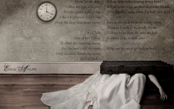 HD PC desktop wallpaper/background, music-themed: a woman in a white gown collapsed face-down on a bench beneath a wall clock, faded poem text on a distressed, gothic backdrop.