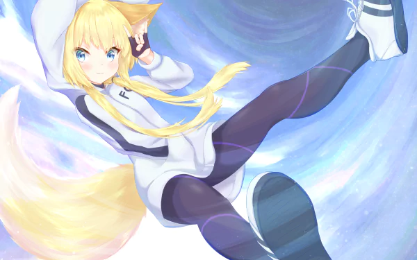 HD anime desktop wallpaper featuring Kon from Kemono Jihen with blonde hair, blue eyes, wearing a hoodie and black leggings against a swirling blue background.